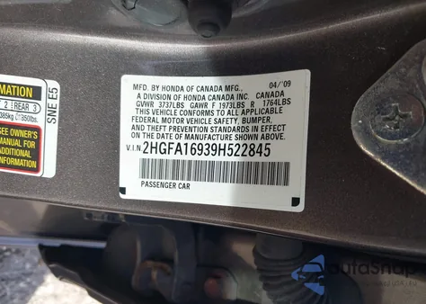 2009 Honda Civic Ex-L from USA, damaged, VIN 2HGFA16939H522845